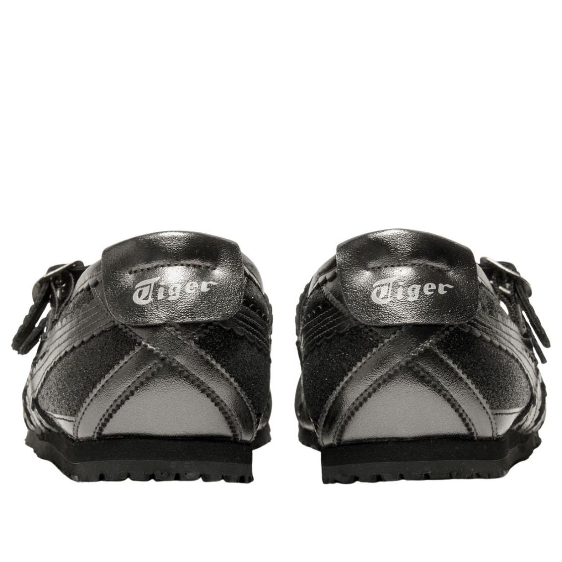 Onitsuka Tiger Mexico 66 TGRS Glitter Pack Black Gunmetal achteraanzicht toont contrasterende grijze panelen