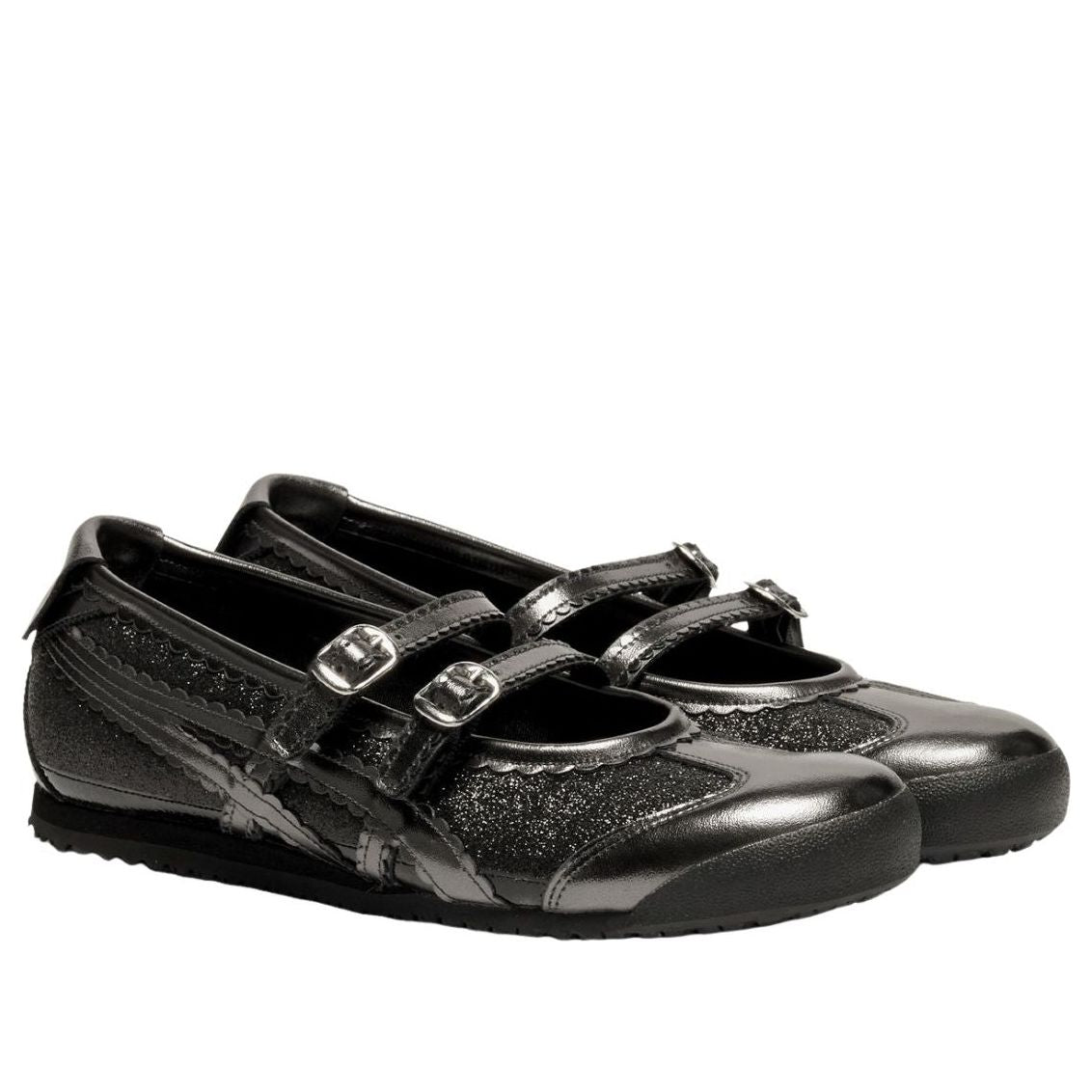 Onitsuka Tiger Mexico 66 TGRS Glitter Pack Black Gunmetal paar samen van voren met twee grijze bandjes en glitter