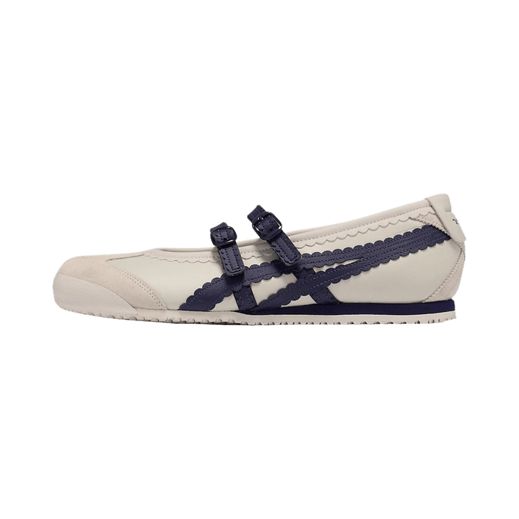 Onitsuka Tiger Mexico 66 TGRS Birch Peacoat zijaanzicht met creme leer en donkerblauwe strepen