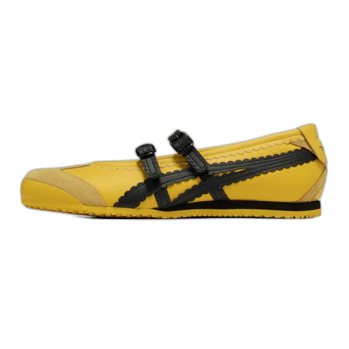 Onitsuka Tiger Mexico 66 TGRS Kill Bill, zijaanzicht geel suède met zwart repen en zwarte veters