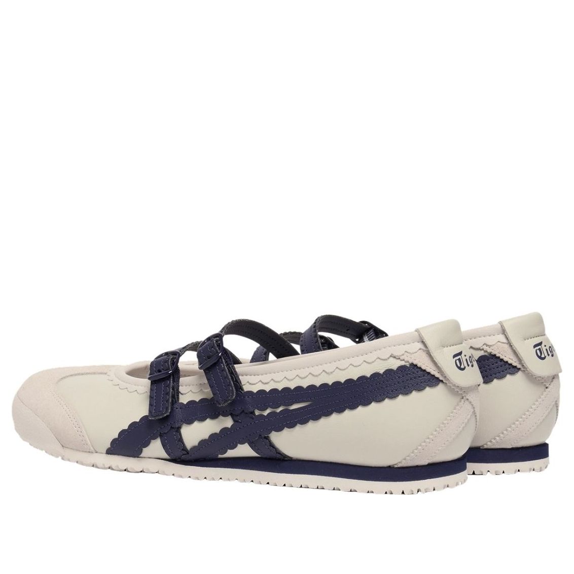 Onitsuka Tiger Mexico 66 TGRS Birch Peacoat achteraanzicht paar met logo op hiel