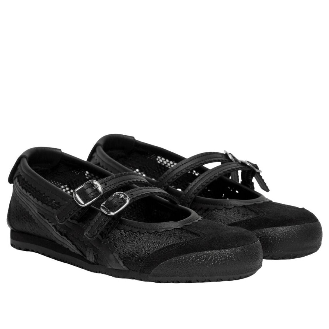 Onitsuka Tiger Mexico 66 TGRS Jacquard Mesh Black, paar samen vooraanzicht met dubbele Mary Jane riempjes