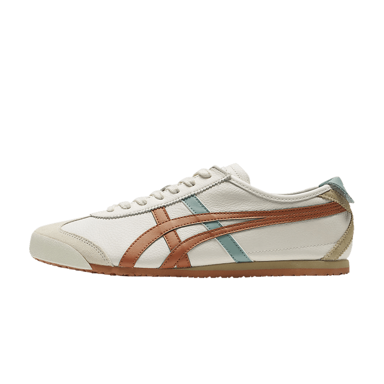 Onitsuka Tiger Mexico 66 Cream Piquant Orange, zijaanzicht met crème leer, oranje en grijsgroene strepen