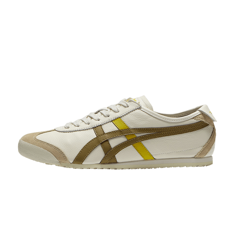 Onitsuka Tiger Mexico 66 Cream Rover, zijaanzicht met crème leer, bruin en geel strepen, stiksels