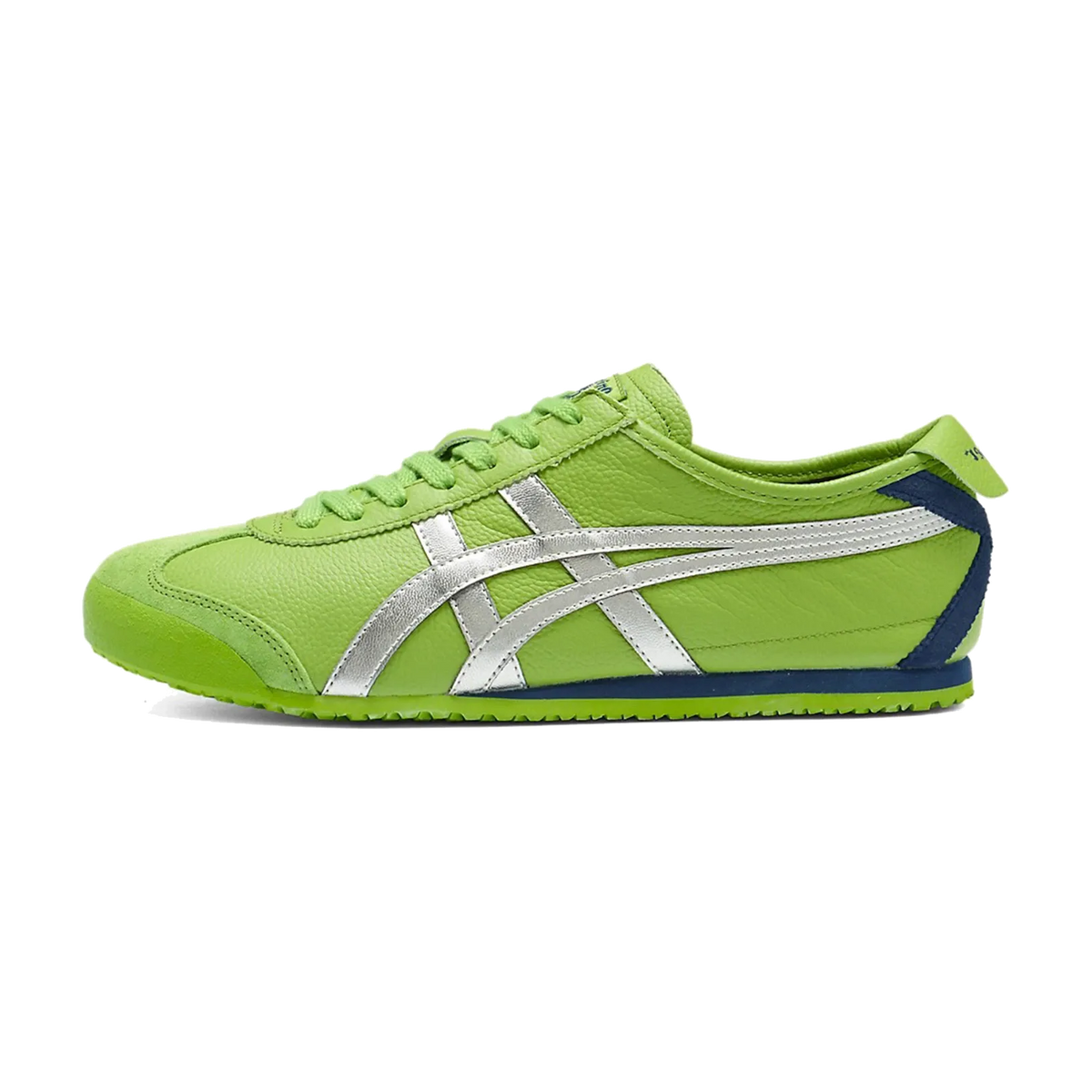 Onitsuka Tiger Mexico 66 Garden Green Pure Silver Navy, zijaanzicht met felgroen leer, wit strepen en donkerblauwe accenten
