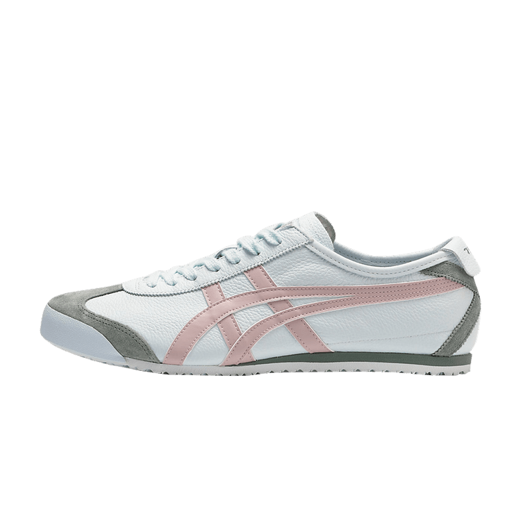 Onitsuka Tiger Mexico 66 Airy Blue Watershed Rose, zijaanzicht met wit leer, roze en grijze accenten op de zijkant