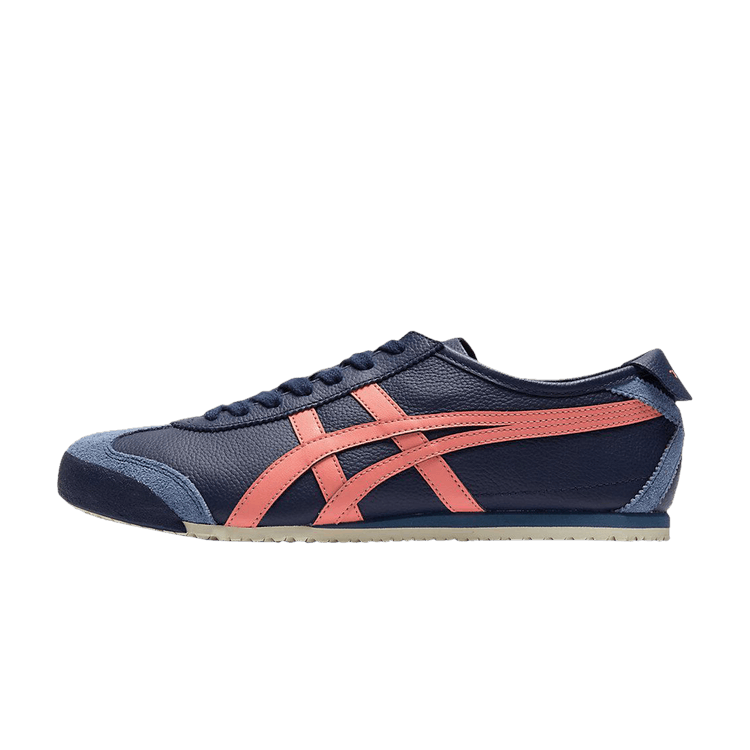 Onitsuka Tiger Mexico 66 Peacoat Guava, zijaanzicht met donkerblauwe leren bovenkant, koraalroze dwarsstrepen en crème zool
