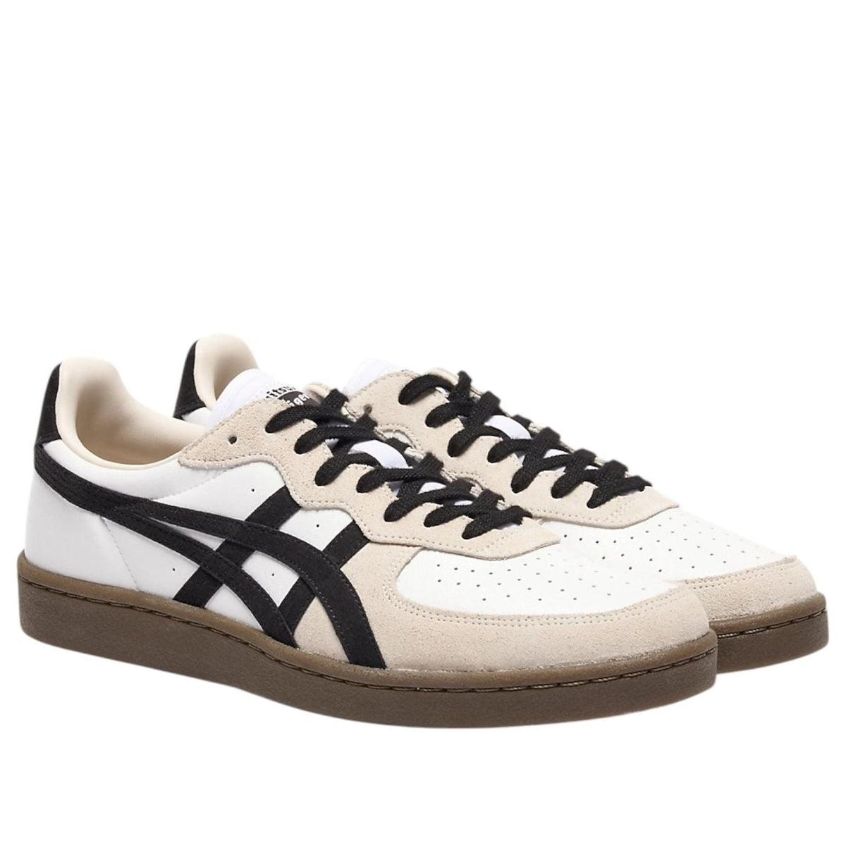 Onitsuka Tiger GSM White Black Beige Toe, paar samen vooraanzicht met zwarte veters, witte en beige panelen