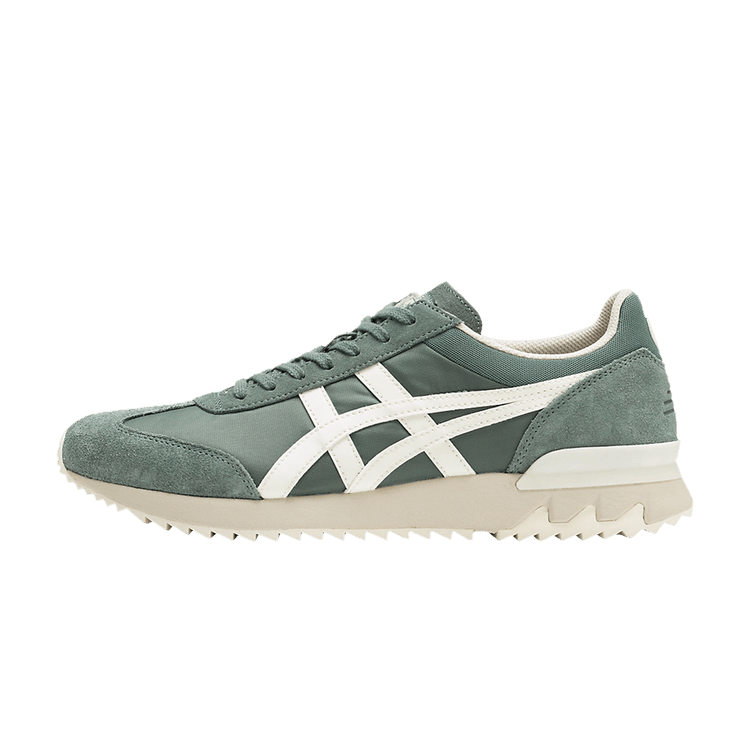 Onitsuka Tiger California 78 EX zijaanzicht met saliegroen suède, witte strepen en crèmekleurige zool