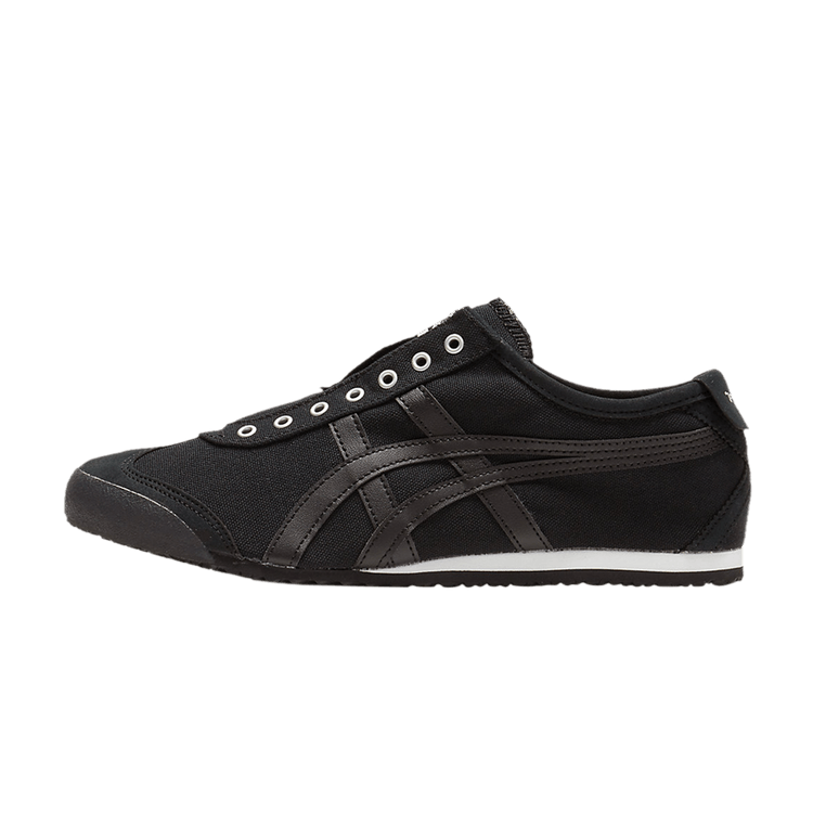 Onitsuka Tiger Mexico 66 Slip-On Black, zijaanzicht met zwart canvas, donkere strepen en witte zoolrand