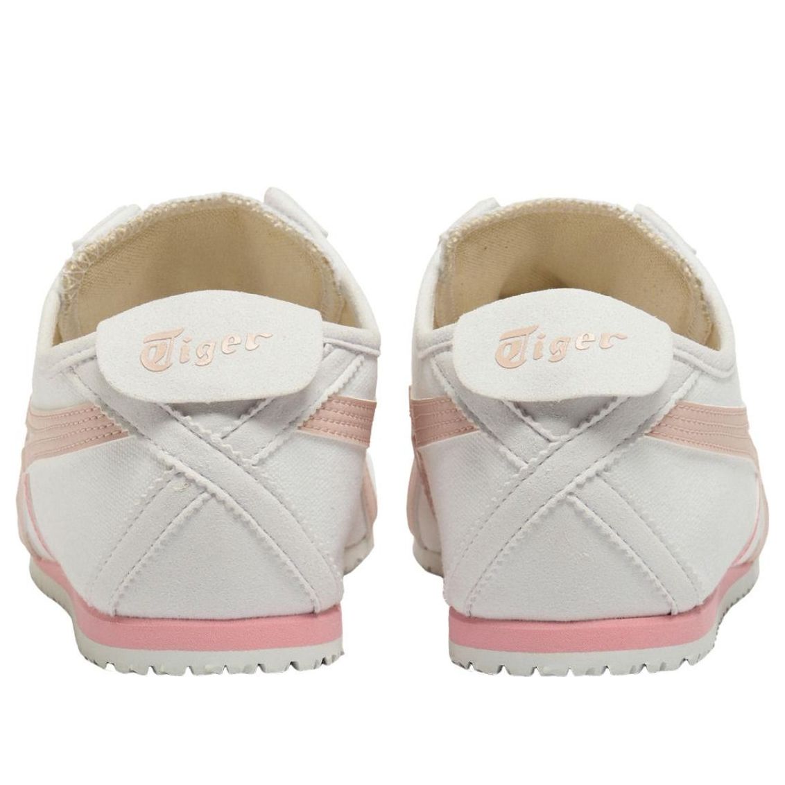 Onitsuka Tiger Mexico 66 Slip-On White Ginger Peach, achteraanzicht met Tiger-logo op tongue en roze zool