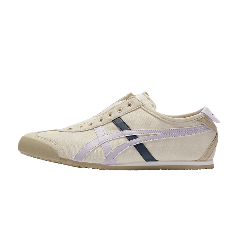 Onitsuka Tiger Mexico 66 Slip-On Birch Faded Ash Rock zijaanzicht, crèmekleurig canvas met paarse en donkerblauwe strepen