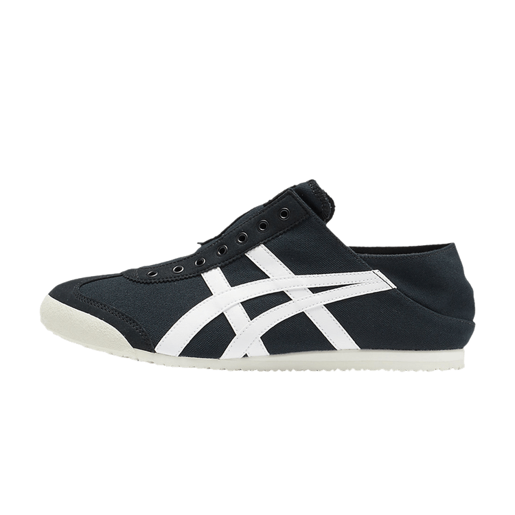Onitsuka Tiger Mexico 66 Paraty Black White, zijaanzicht met zwart canvas, witte strepen en crème zool
