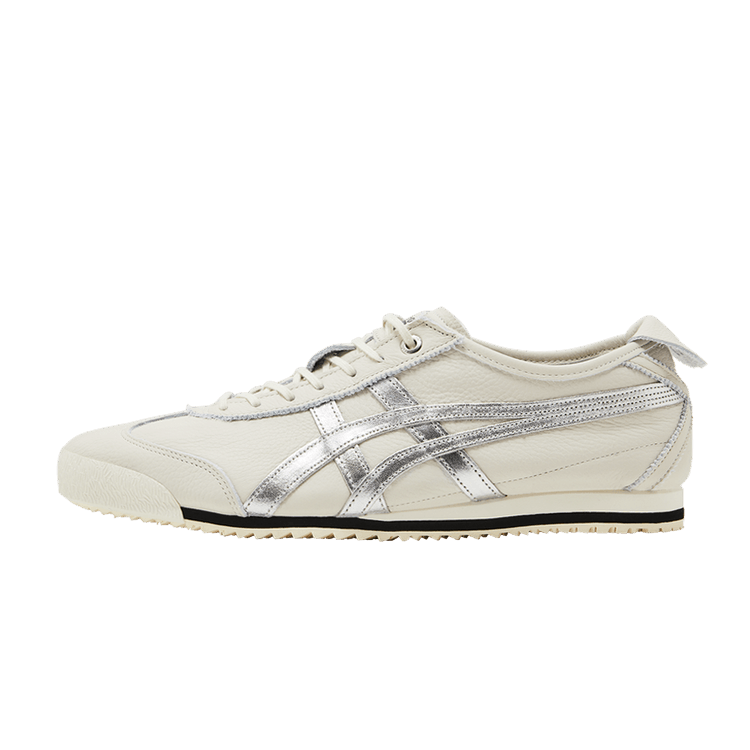 Onitsuka Tiger Mexico 66 SD Birch Silver zijaanzicht, crèmekleurig leer met zilvermetallic striping en zwarte zool