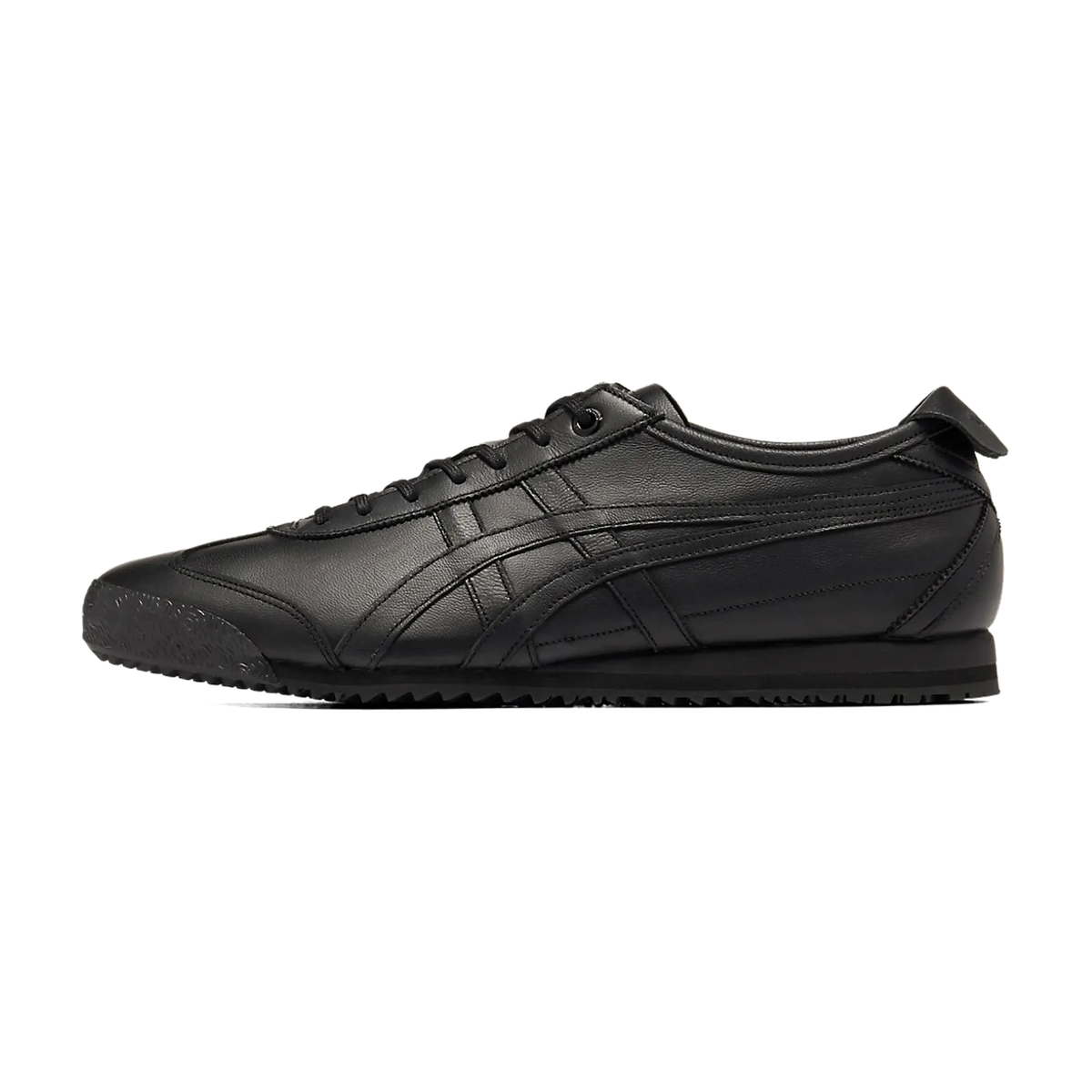 Onitsuka Tiger Mexico 66 SD Triple Black, zijaanzicht van volledig zwarte sneaker met leren upper en contrasterende stiksels