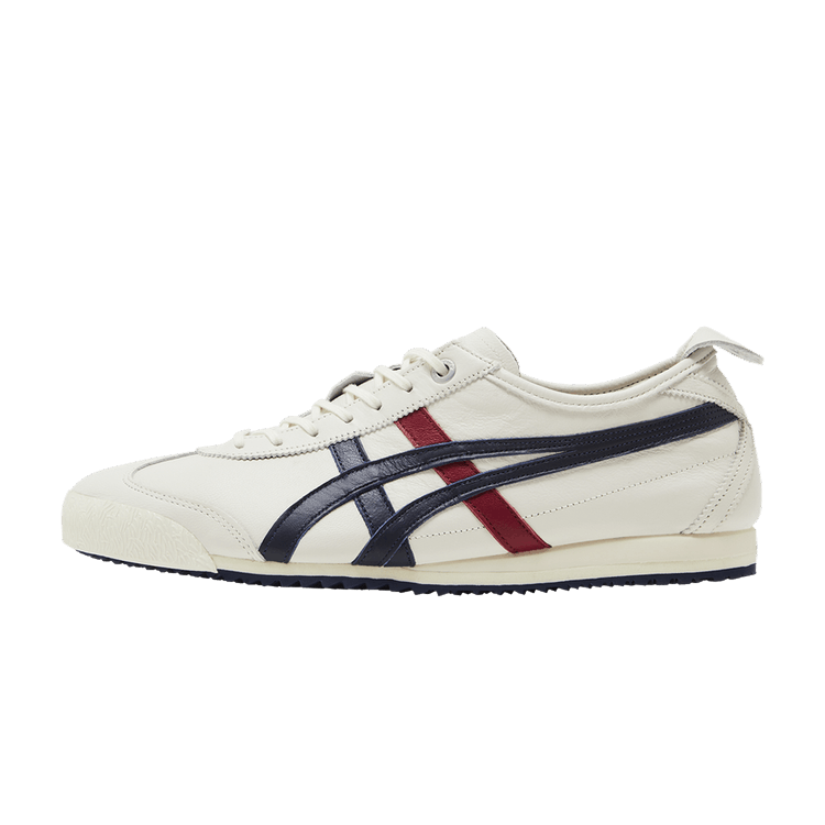 Onitsuka Tiger Mexico 66 SD Cream Peacoat Navy Red, zijaanzicht met wit leer, donkerblauwe en rode zijstreep, rubberzool