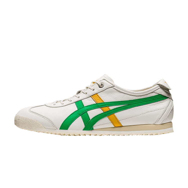 Onitsuka Tiger Mexico 66 SD Cream Cilantro Green Yellow, zijaanzicht met wit leer, groene en gele diagonale strepen