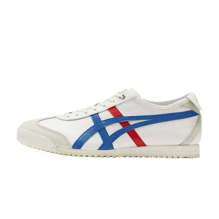 Onitsuka Tiger Mexico 66 SD White Directoire Blue Red, zijaanzicht met wit canvas, blauwe en rode streep, creme zool