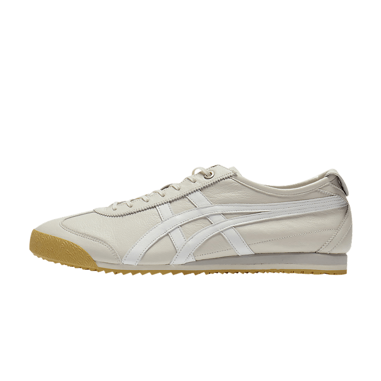Onitsuka Tiger Mexico 66 SD Cream White Gum, zijaanzicht met beige leer, witte strepen en gumkleurige zool