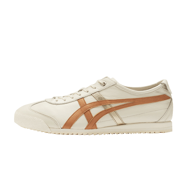 Onitsuka Tiger Mexico 66 SD Birch Rust Orange Gold, zijaanzicht met crèmekleurig leer en roodbruin suède strepen
