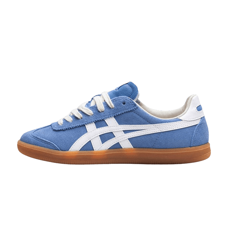 Onitsuka Tiger Tokuten Blue Fusion Gum, zijaanzicht met blauwe canvas, witte strepen en gumzool