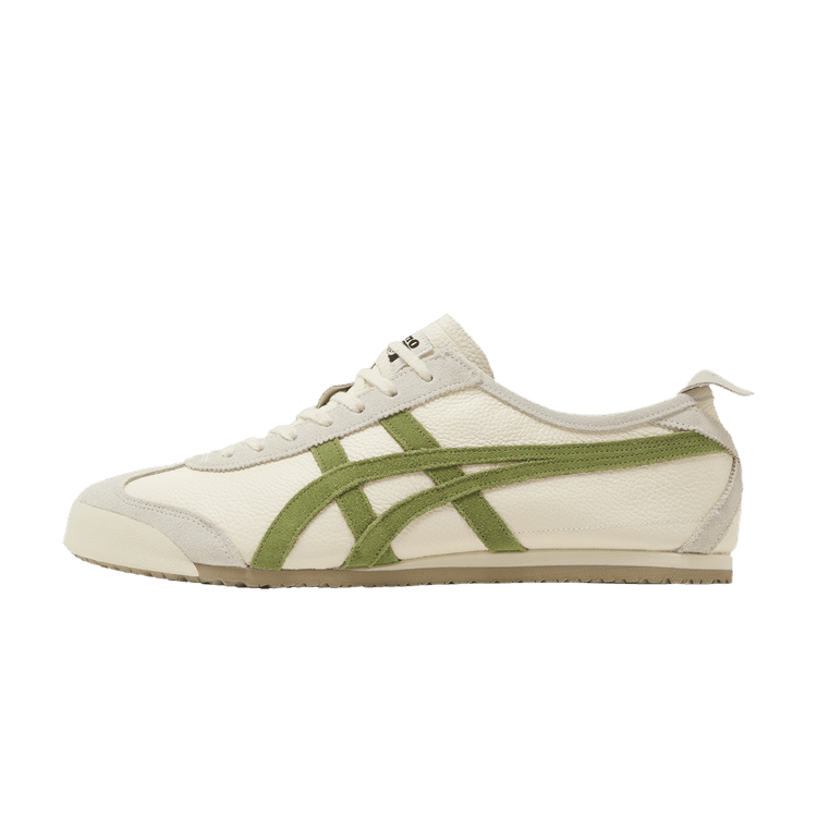 Onitsuka Tiger Mexico 66 Vintage Birch Cactus Green, zijaanzicht met crèmekleurig canvas en groene diagonale strepen