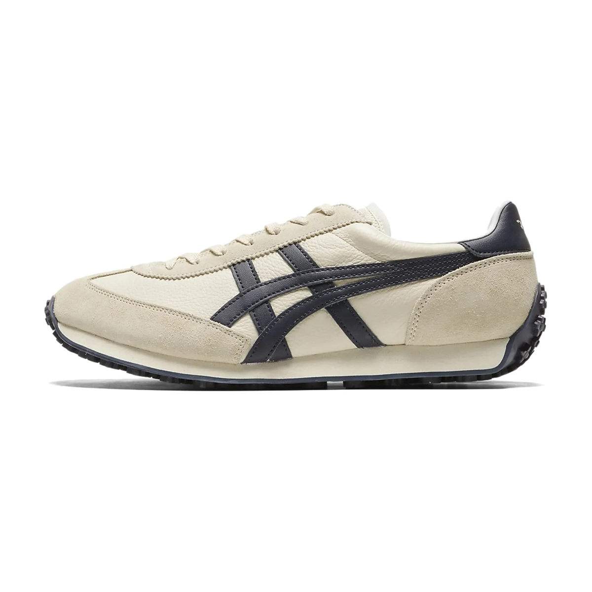 Onitsuka Tiger EDR 78 Birch Peacoat, zijaanzicht met beige nubuckleer en donkerblauwe strepen