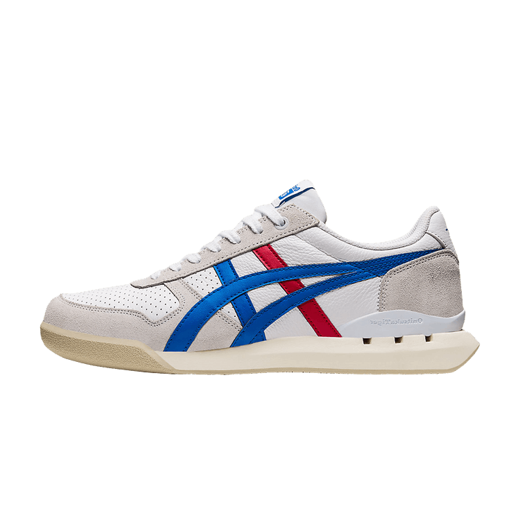 Onitsuka Tiger Ultimate 81 EX White Directoire Blue, zijaanzicht met wit lederen upper, blauwe en rode strepen