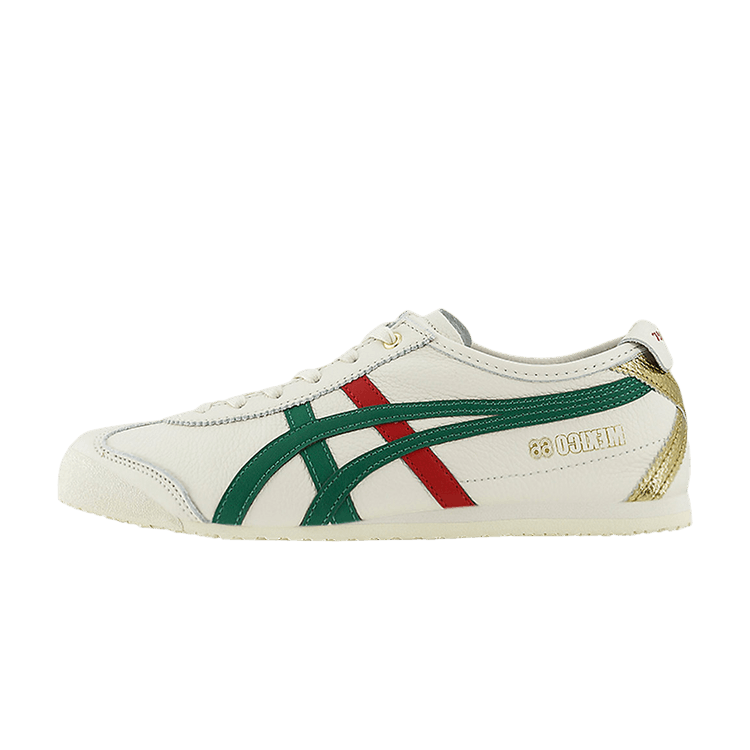 Onitsuka Tiger Mexico 66 Birch Kale Red Gold zijaanzicht, crème leer met groene en rode strepen, goudkleurige hieldetail