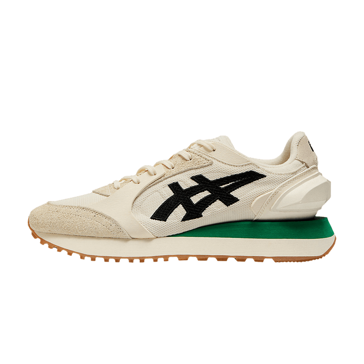 Onitsuka Tiger Moage CO Cream Black, zijaanzicht met beige canvas, zwart streeplogo en groen/witte zool