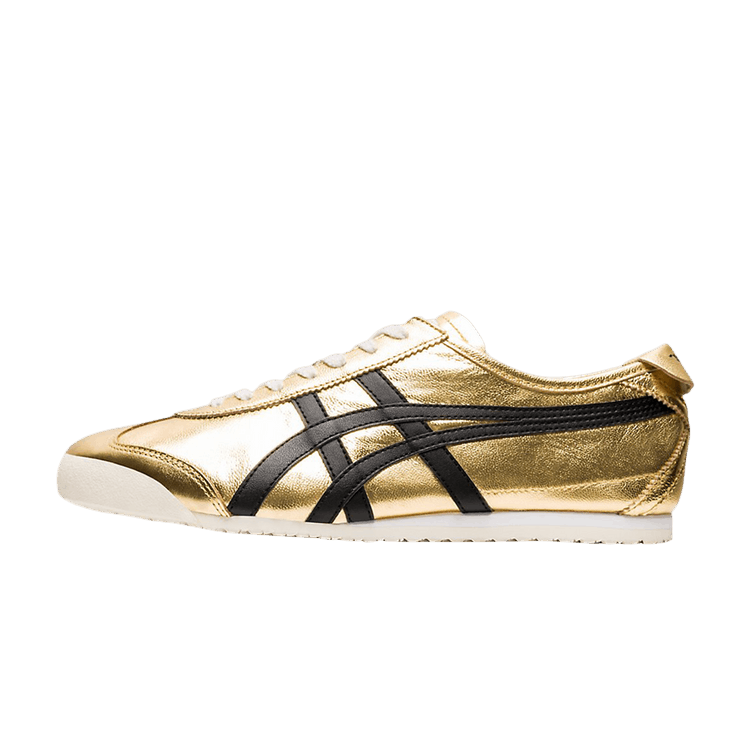 Onitsuka Tiger Mexico 66 Pure Gold Black, zijaanzicht met goudkleurig metallic leer en zwarte diagonale strepen, witte zool