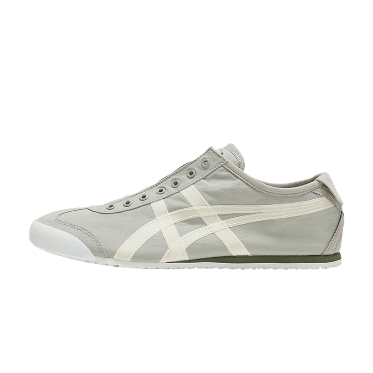 Onitsuka Tiger Mexico 66 Slip-On Oyster Grey White, zijaanzicht met grijze nubuck, witte strepen en elastische slipslot