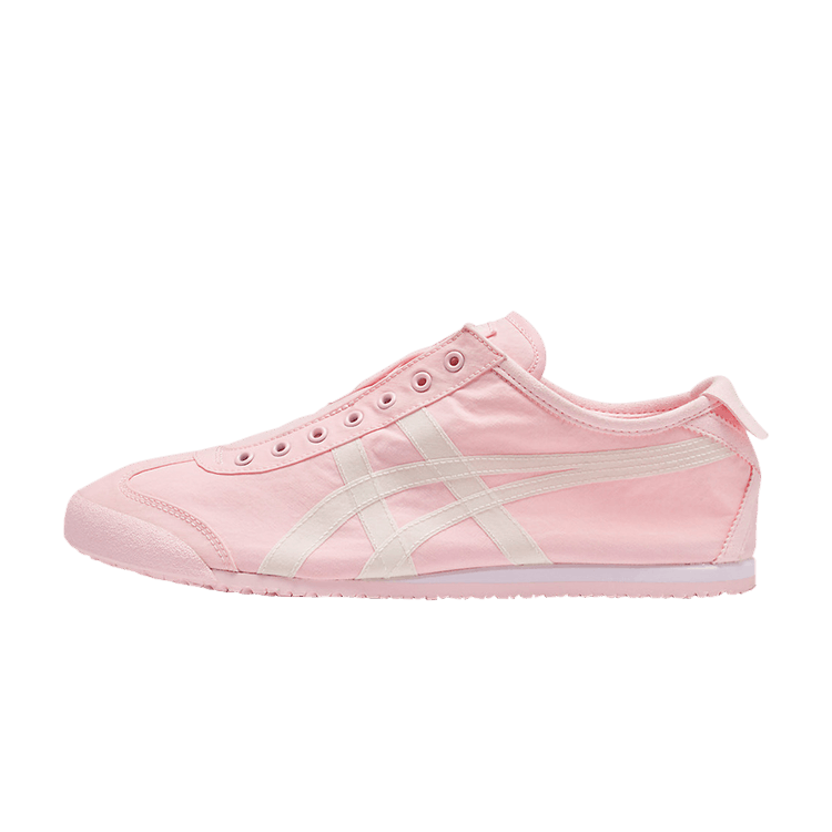Onitsuka Tiger Mexico 66 Slip-On Pink Cream, zijaanzicht met roze nylon bovenwerk en witte strepen