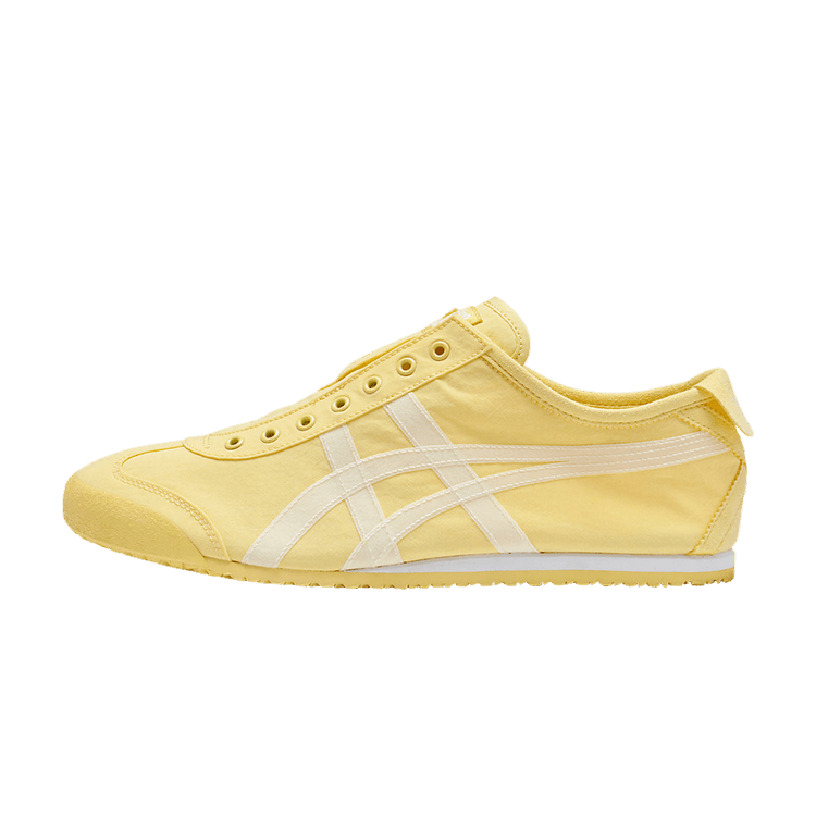 Onitsuka Tiger Mexico 66 Slip-On Yellow Cream, zijaanzicht met gele nylon, witte streep en laceless design
