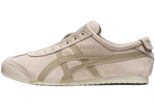 Onitsuka Tiger Mexico 66 Slip-On zijaanzicht, beige suède met beige banden en crèmekleurige zool