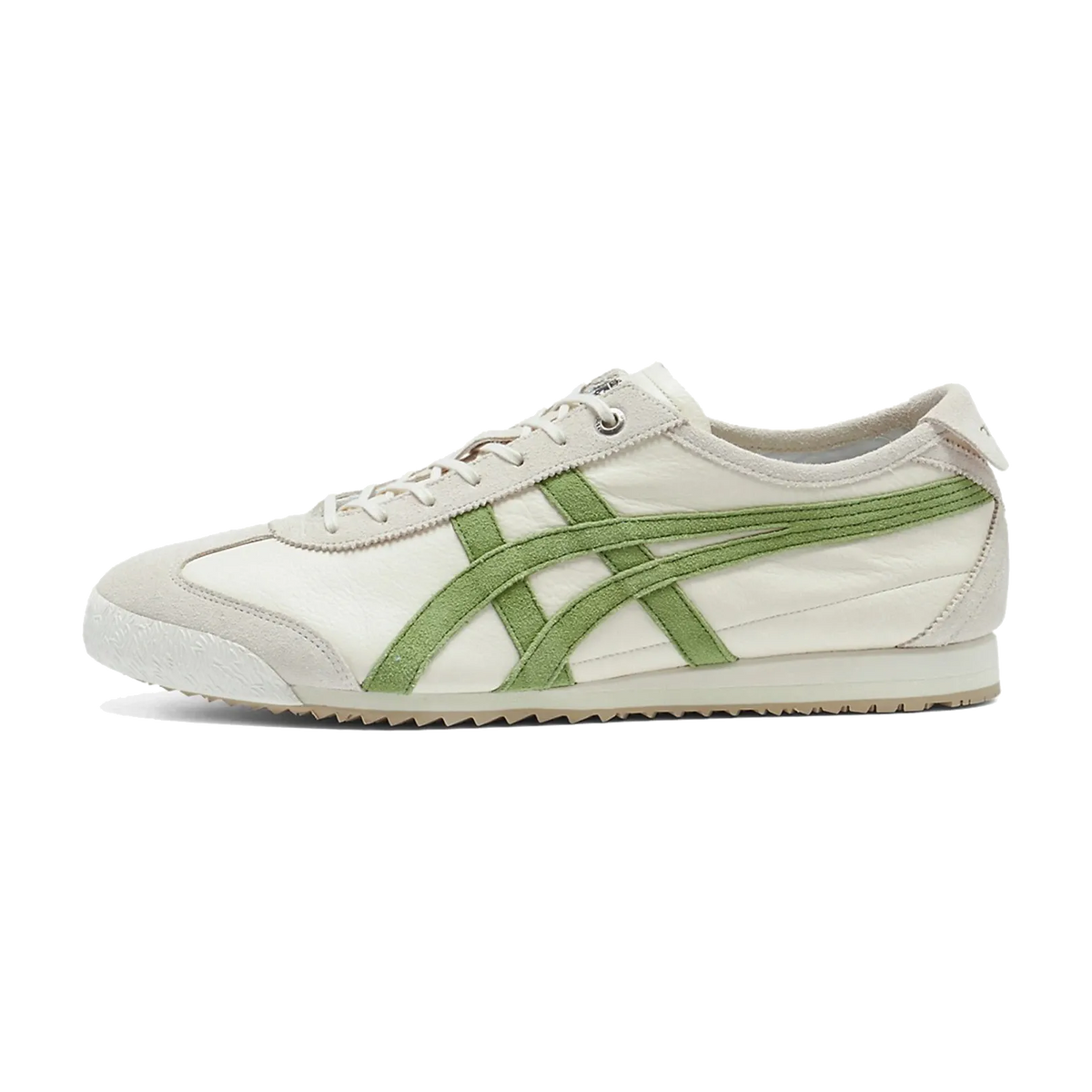Onitsuka Tiger Mexico 66 SD Birch Green, zijaanzicht met crème leer en groen gestreept zijpaneel