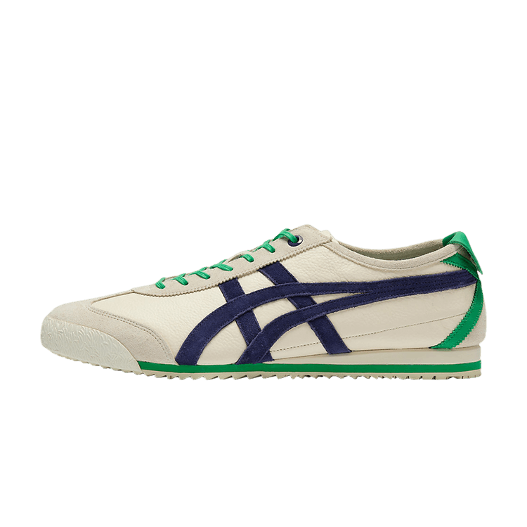 Onitsuka Tiger Mexico 66 SD zijaanzicht, crème canvas met donkerblauwe en groene stiksels, gestreepte zijpanelen