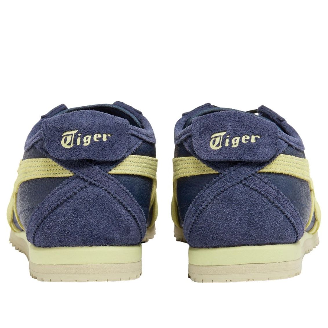 Onitsuka Tiger Mexico 66 SD Vintage Peacoat Wheat Yellow, achteraanzicht met Tiger-logo op de hakpat