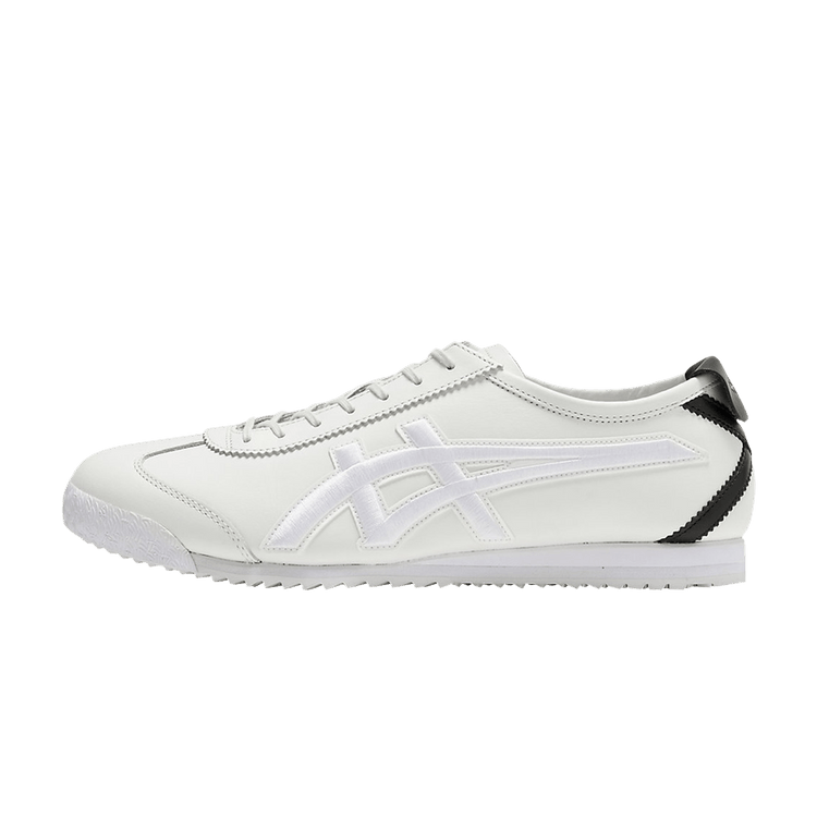 Onitsuka Tiger Mexico 66 GDX NM White Black, zijaanzicht met witte leren bovenkant, witte strepen en zwarte hieldetail