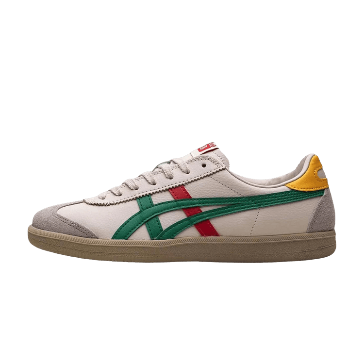 Onitsuka Tiger Tokuten White Beige Red Green, zijaanzicht met crème leren bovenkant, diagonale groene en rode strepen