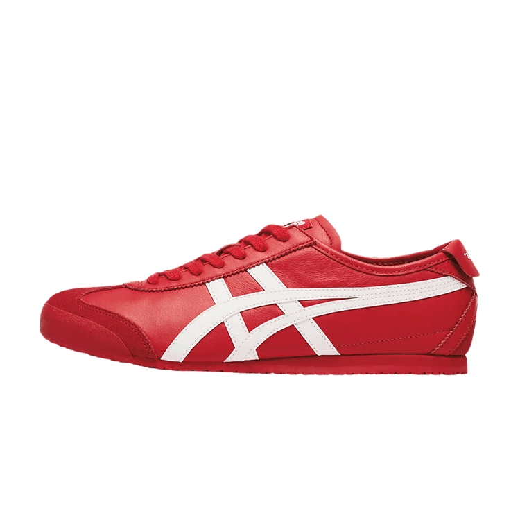 Onitsuka Tiger Mexico 66 Classic Red Tiger White zijaanzicht, rood leer met witte strepen en rode vetersluiting