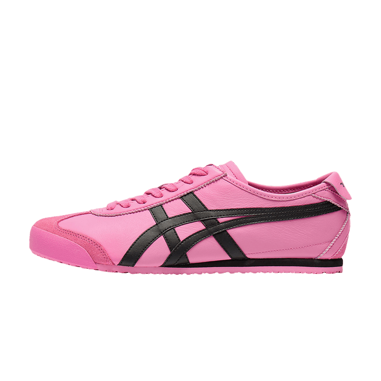 Onitsuka Tiger Mexico 66 Dragon Fruit Black, zijaanzicht met roze leer en zwarte strepen op flank