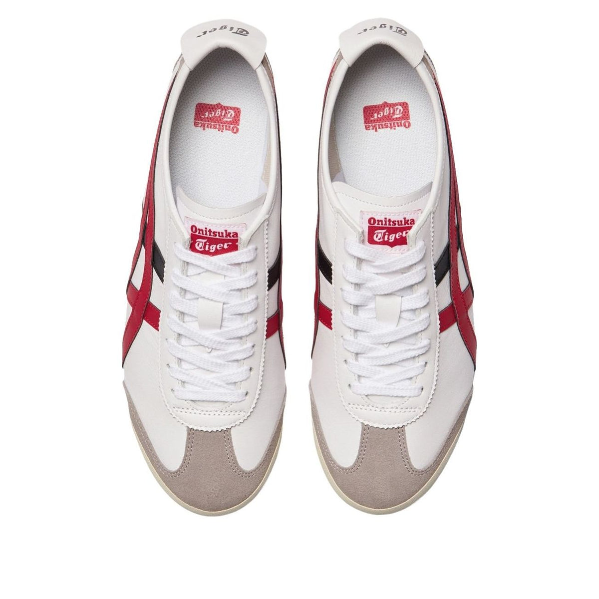 Onitsuka Tiger Mexico 66 White Classic Red, vooraanzicht paar met rood Tiger logo en Onitsuka merk op tong