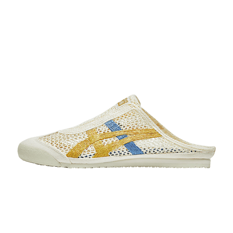 Onitsuka Tiger Mexico 66 Sabot Cream Mustard, zijaanzicht met geperforeerde mesh bovenwerk, gouden en blauwe strepen