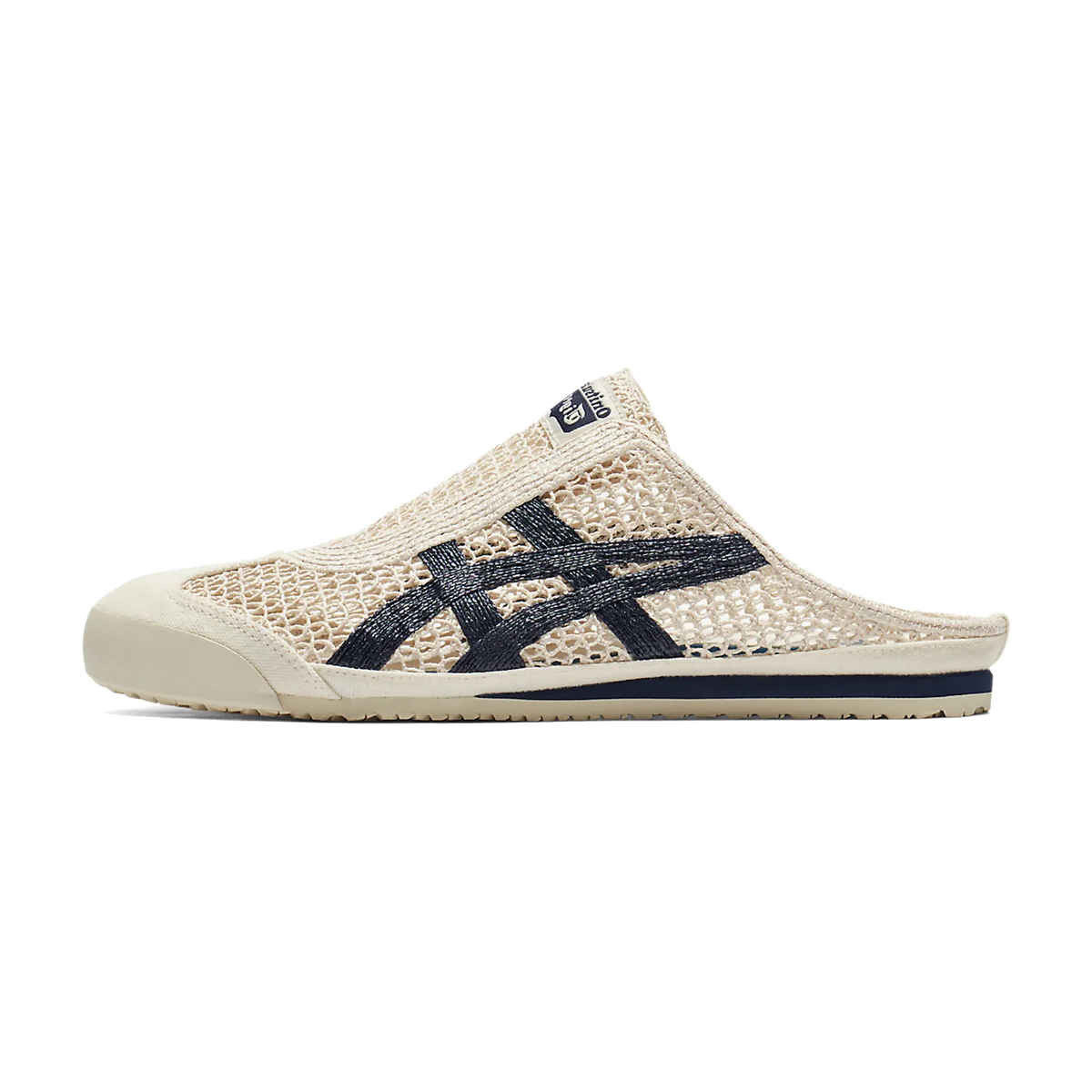 Onitsuka Tiger Mexico 66 Sabot Birch Peacoat, zijaanzicht met netachtig materiaal, donkerblauwe streep en crèmekleurige zool