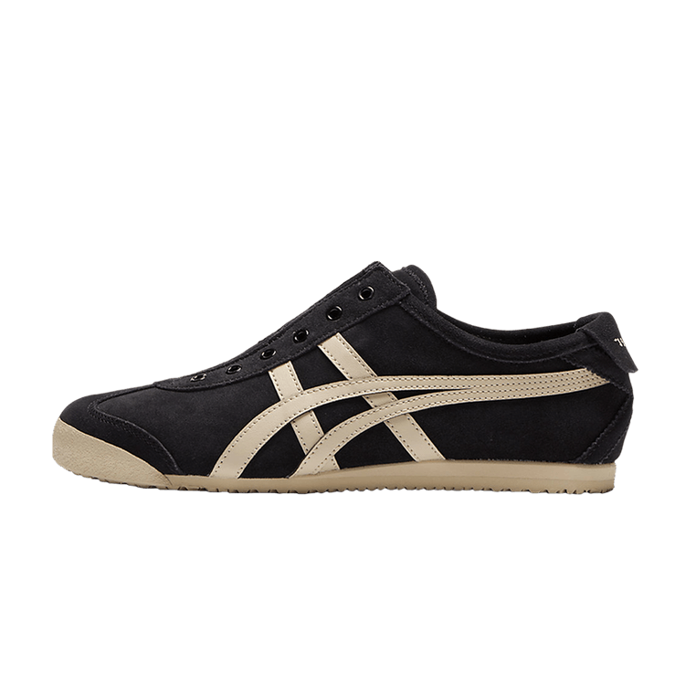 Onitsuka Tiger Mexico 66 Slip-On Black Putty, zijaanzicht met zwart canvas, beige strepen en crèmekleurige zool