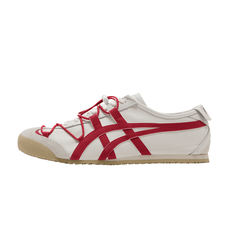 Onitsuka Tiger Mexico 66 Year of the Dragon, zijaanzicht met wit leer, rode strepen en beige zool