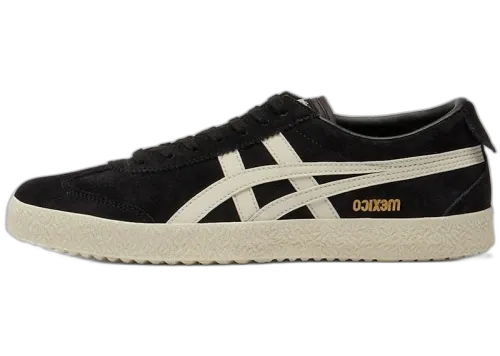 Onitsuka Tiger Mexico 66 Delegation Black Cream, zijaanzicht met zwart suèdeupper, cremekleurig strepenpatroon en zool