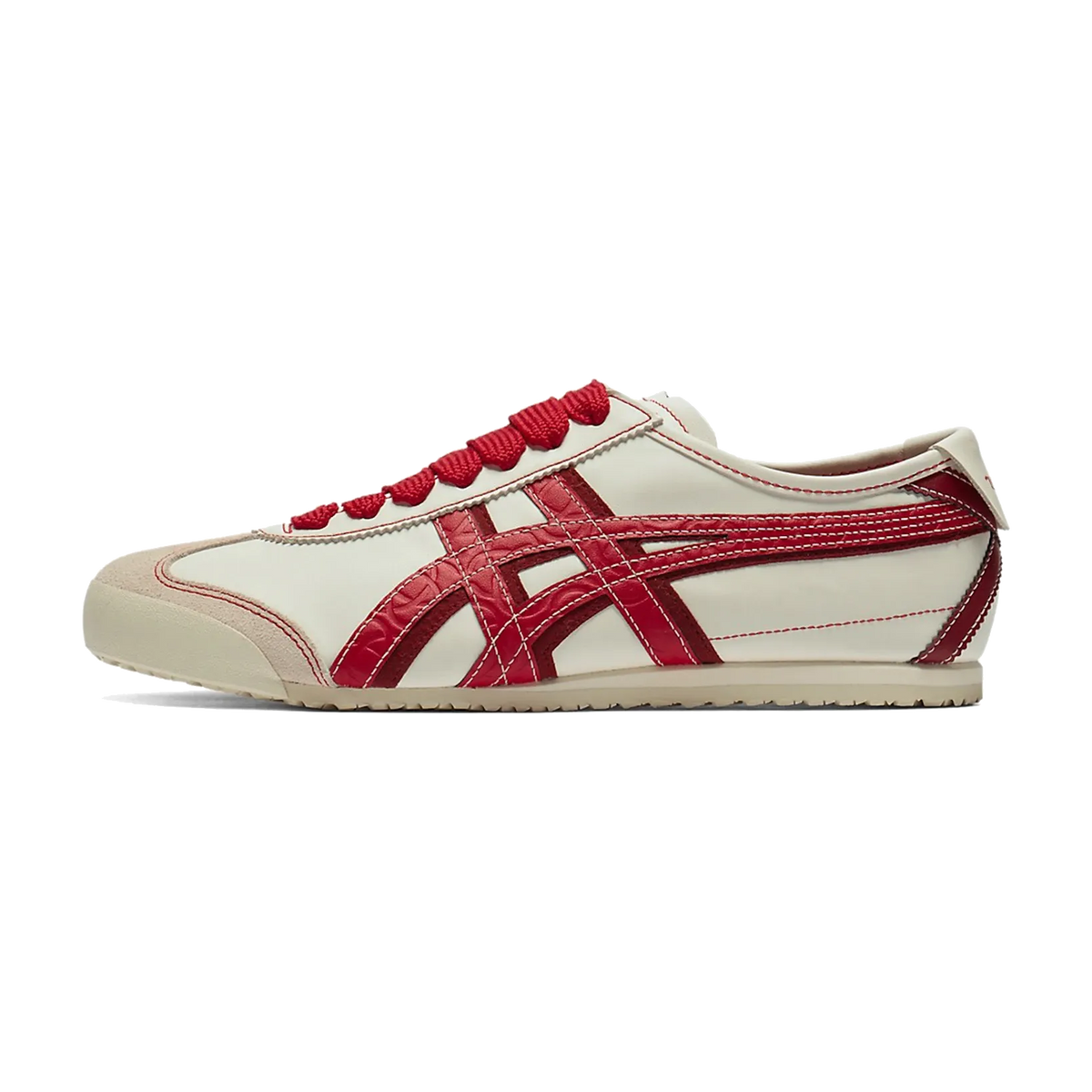 Onitsuka Tiger Mexico 66 Year of the Snake zijaanzicht, crème en rood leer met rode veters en stiksels