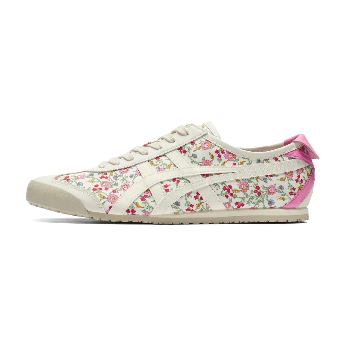 Onitsuka Tiger Mexico 66 Cream Pink Floral, zijaanzicht met crème canvas, roze bloemenprint en contrasterend roze haelslip